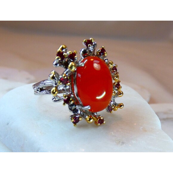 Natural Carnelian Rhodolite Garnet Sterling Silver Gold Ring Size 7 - Picture 6 of 8